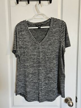 Athleta Black + White Striped V-Neck Tee
